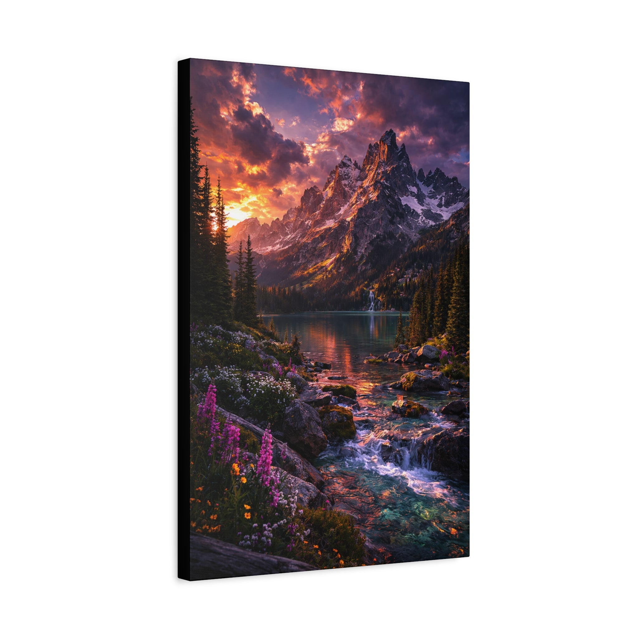 Sunset Mountain Lake Matte Canvas Print | Stretched Wall Art
