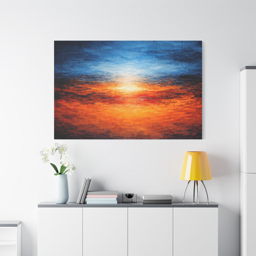 Colorful abstract painting on a white wall above a white cabinet with decorative items.