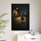 Framed artwork of a woman walking on a train platform in a modern living room.