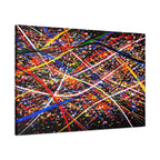 Abstract artwork with multicolored lines on a black background