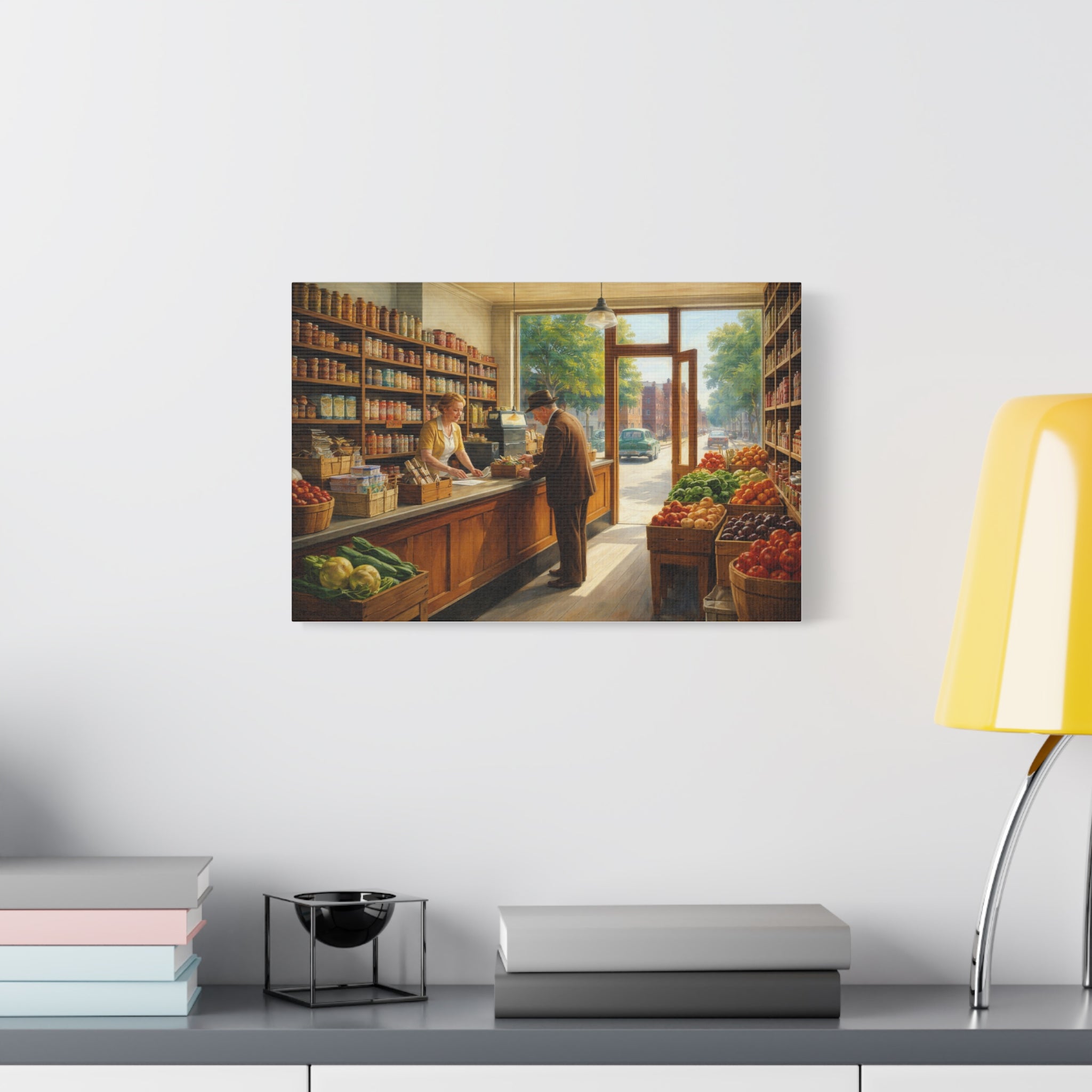 Corner Grocery Store Scene Matte Canvas | Vintage Store Scene Wall Art | Edward Hopper inspired Artwork