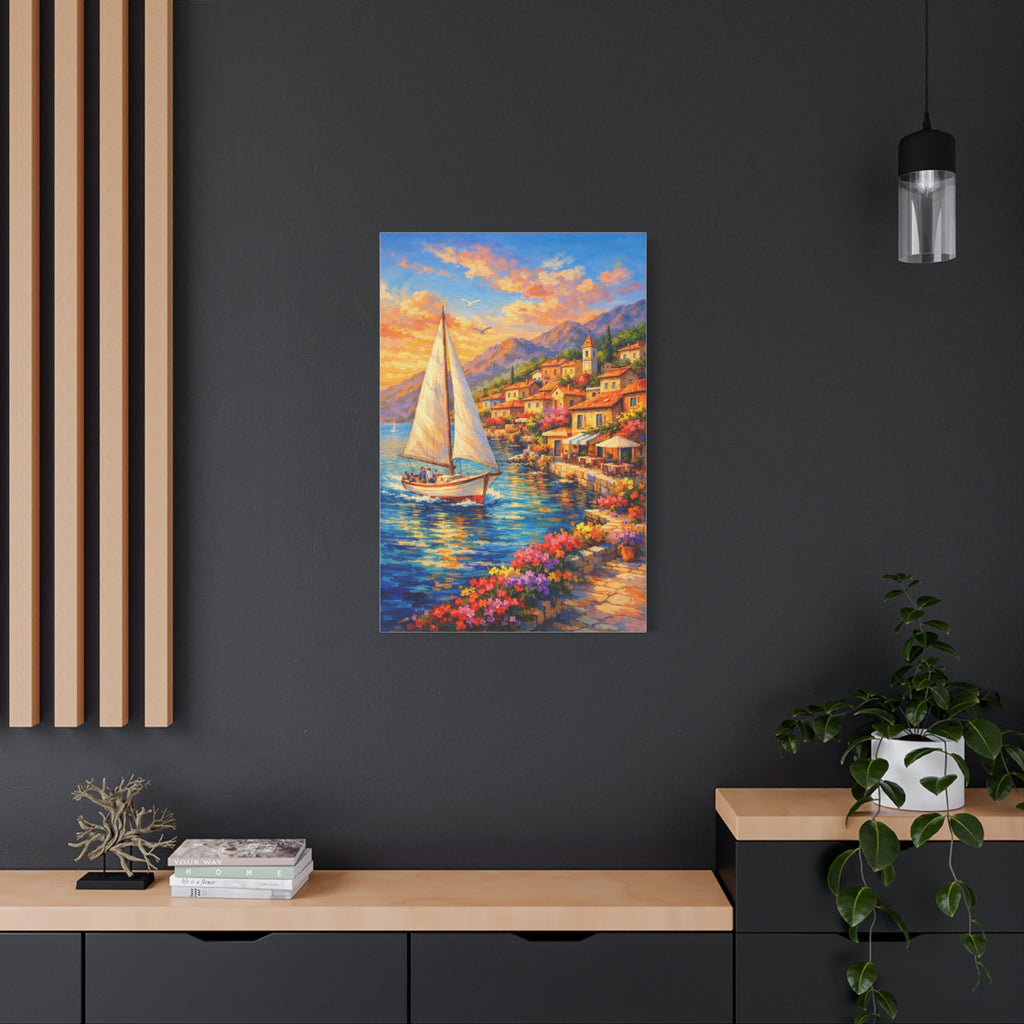 Mediterranean Sailboat Village Canvas — Stretched Wall Art