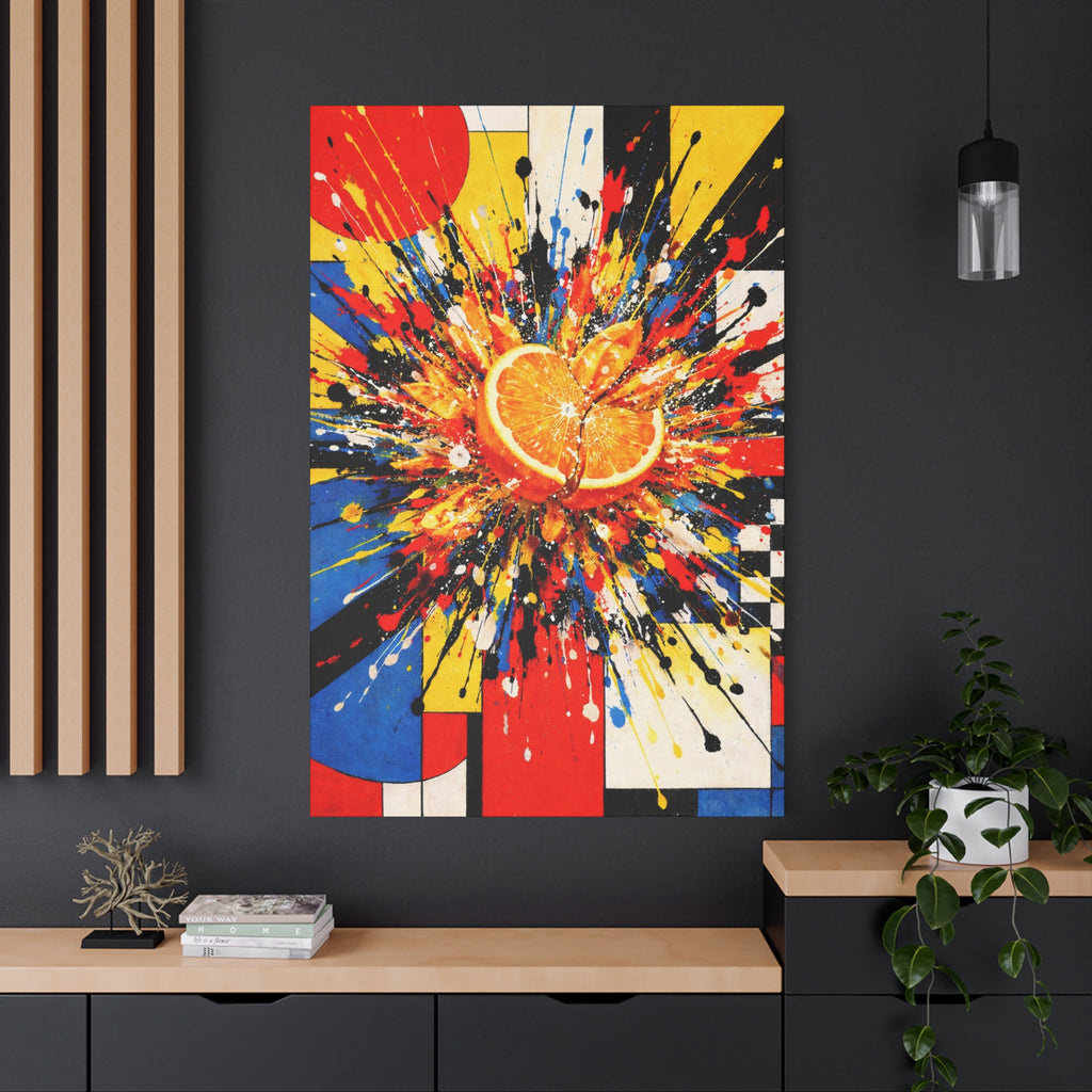 Abstract art painting of a sliced orange with colorful splashes on a black wall.