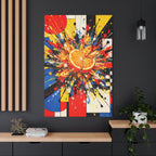 Abstract art painting of a sliced orange with colorful splashes on a black wall.