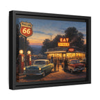 Framed artwork of a diner scene with vintage cars and Phillips 66 gas station sign.