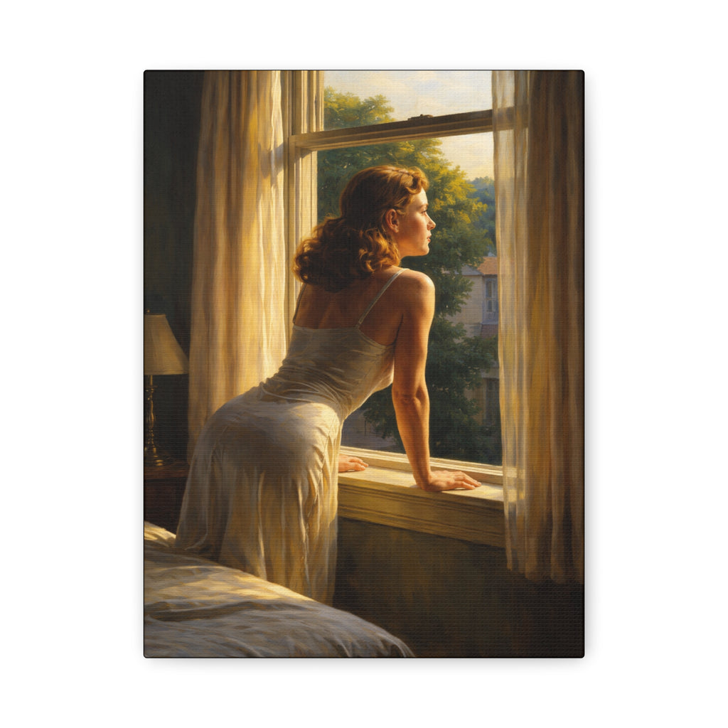 Galery wrapped painting of a woman looking out from window. Edward Hopper style.