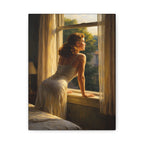 Galery wrapped painting of a woman looking out from window. Edward Hopper style.