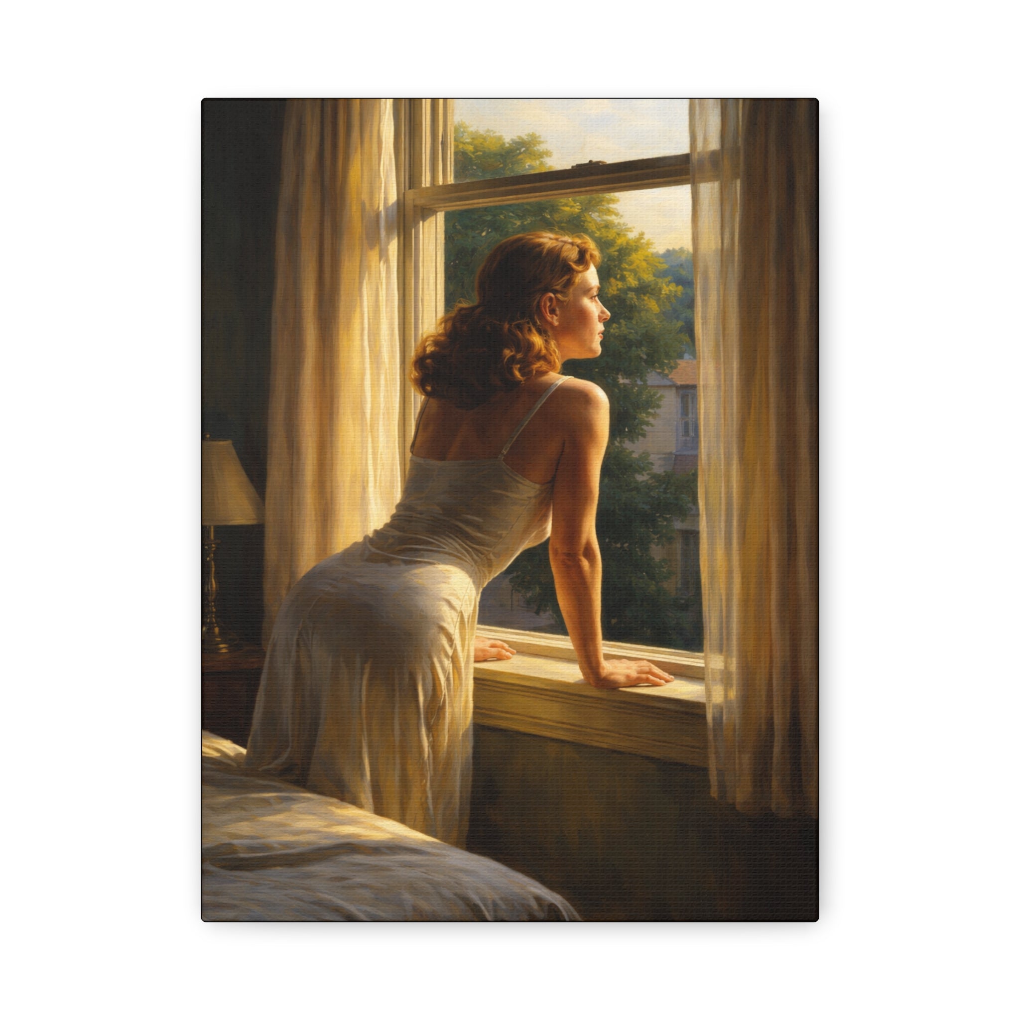 Galery wrapped painting of a woman looking out from window. Edward Hopper style.