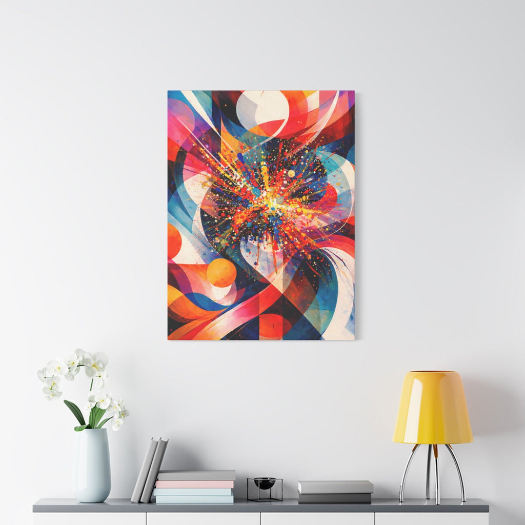 Colorful abstract painting on a white wall above a white cabinet with decorative items.