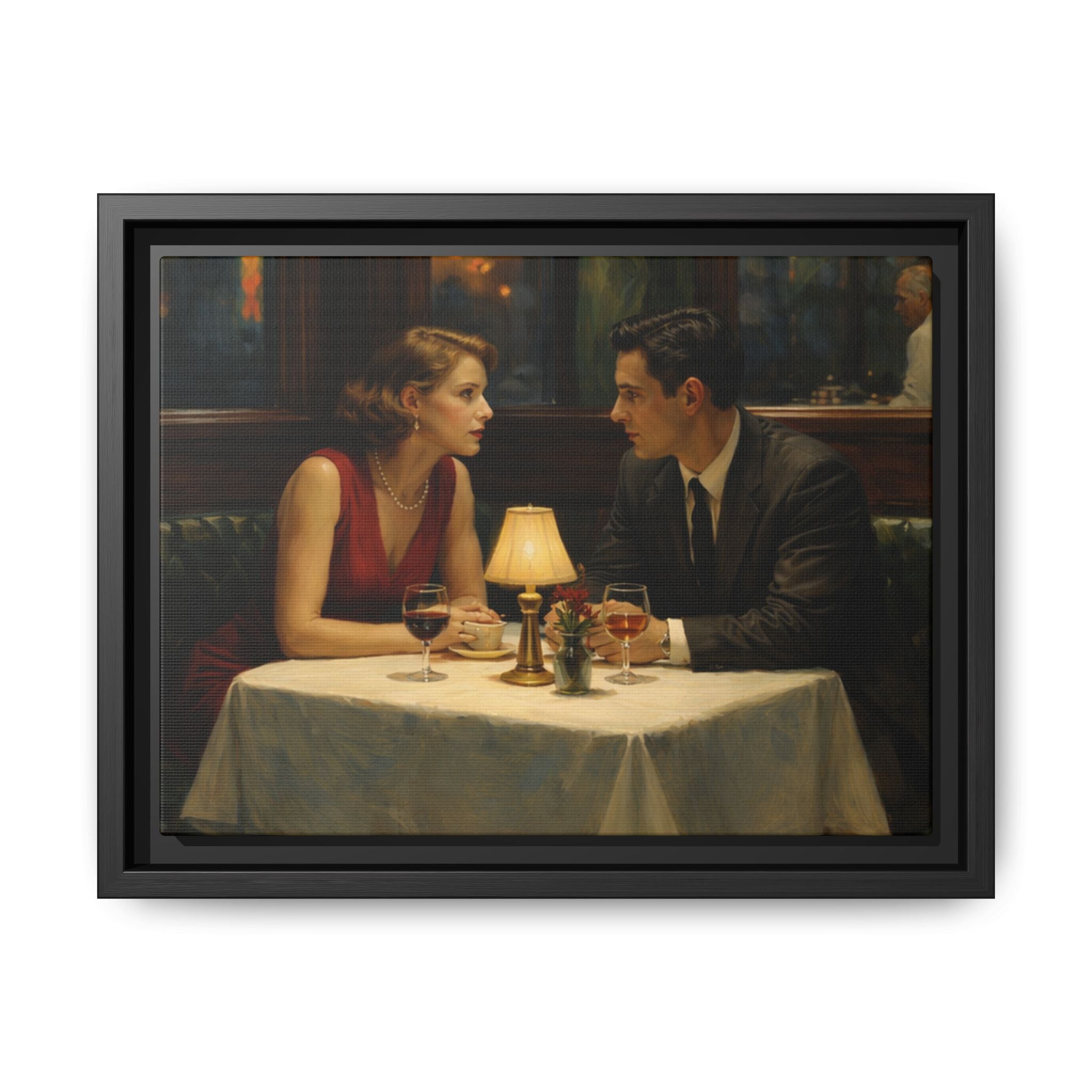 Framed Matte Canvas | Intimate evening in a dim restaurant | Edward Hopper Homage