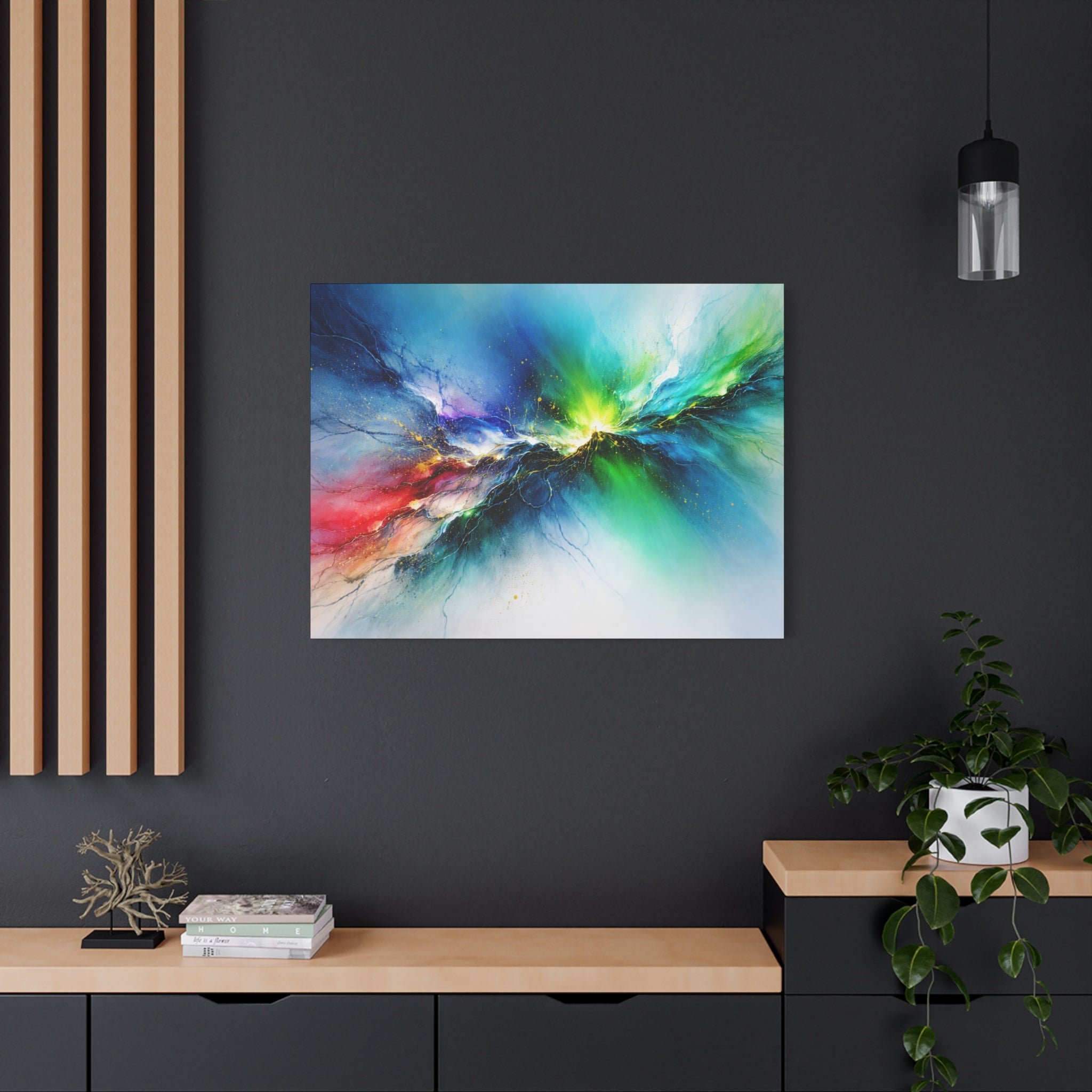 Abstract colorful painting on a dark wall with wooden shelves and decor.