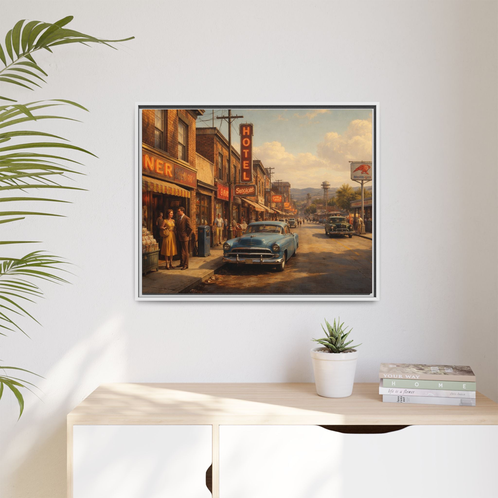 Framed Canvas | Golden Hour on Main Street | Mid Century American Realist Image