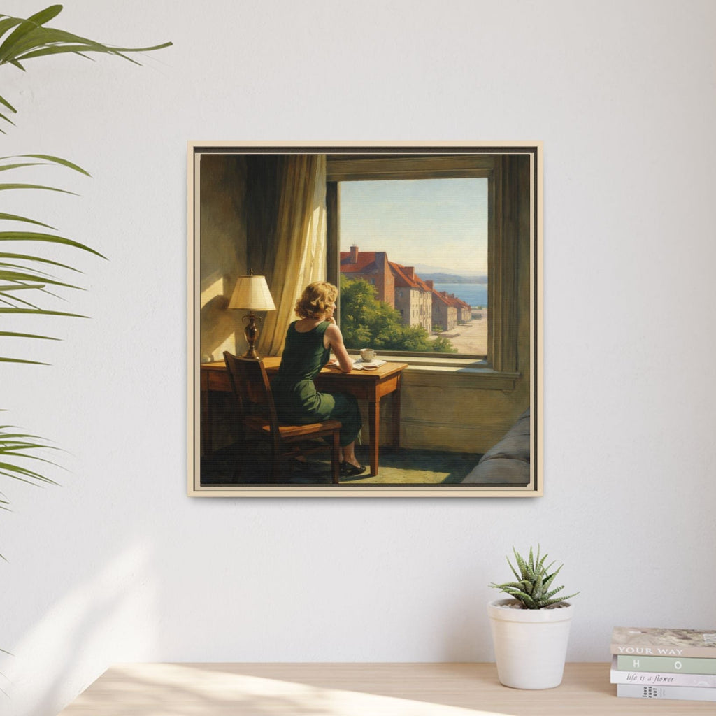 Framed painting of a woman at a desk with a scenic view, above a wooden desk with a plant and books.