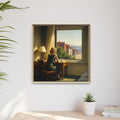 Framed painting of a woman at a desk with a scenic view, above a wooden desk with a plant and books.