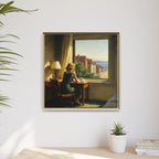 Framed painting of a woman at a desk with a scenic view, above a wooden desk with a plant and books.