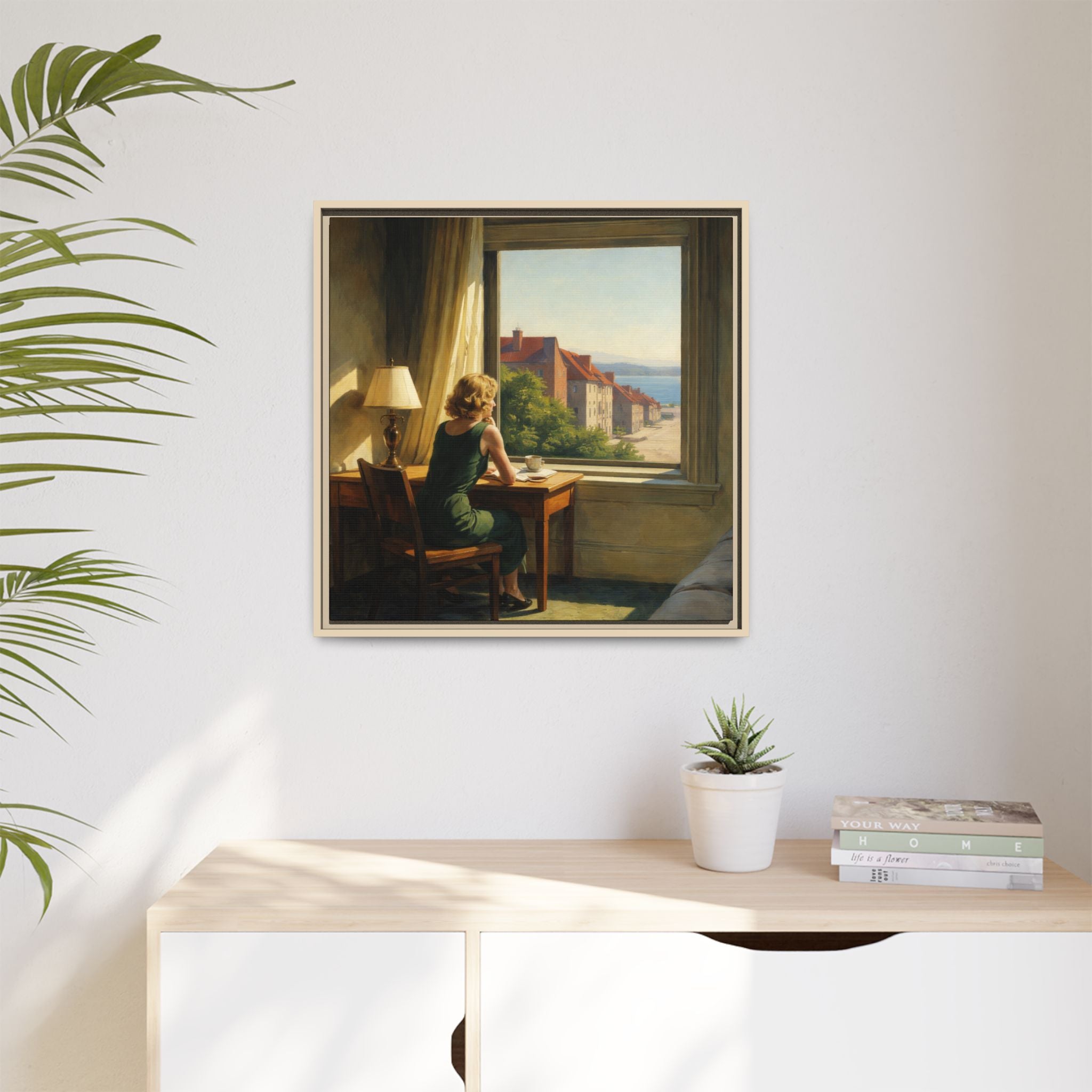 Woman at Window Painting Matte Canvas Framed | Coastal Town Sunlit Interior | Edward Hopper Homage