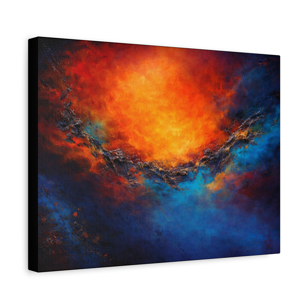 Abstract painting with fiery orange and blue hues on a white background