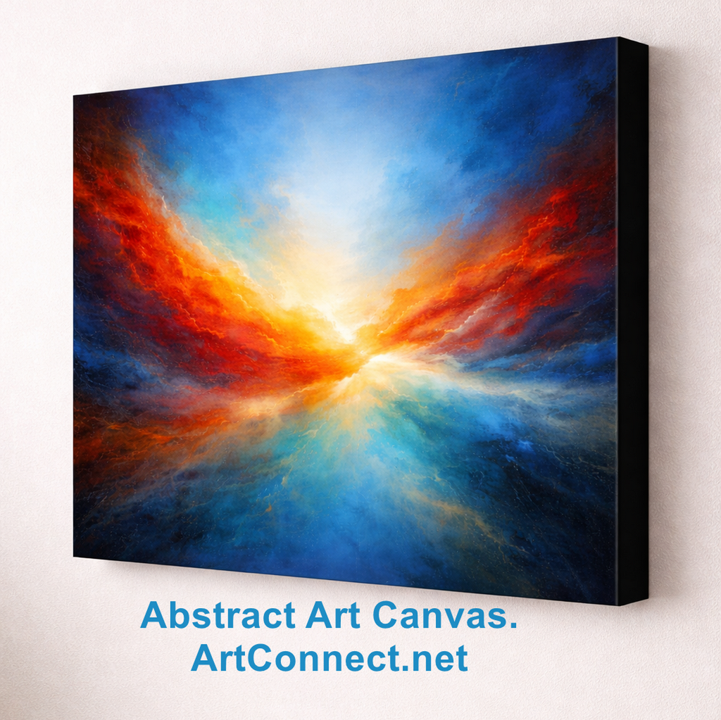 Abstract art canvas with a blue and orange design on a white wall, featuring ArtConnect.net branding.