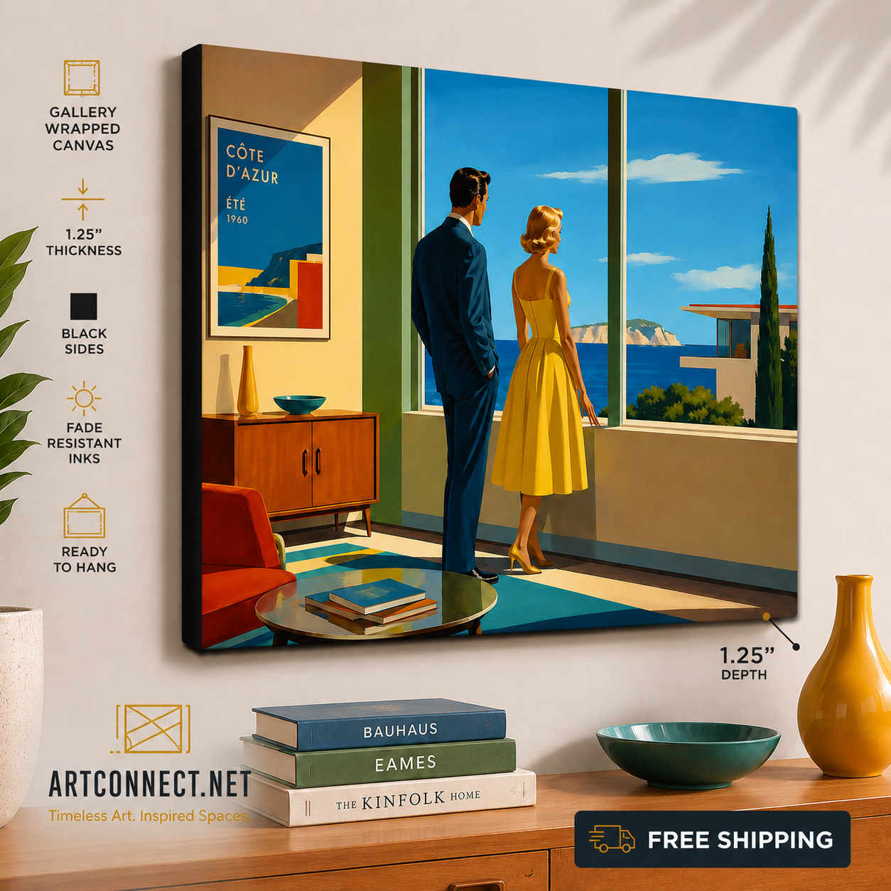 Gallery-wrapped canvas painting of a retro couple overlooking the Côte d'Azur. Set over a cabinate.