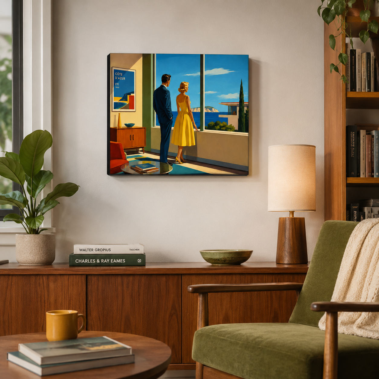 Gallery-wrapped canvas painting of a retro couple overlooking the Côte d'Azur. Set in Mid Century room