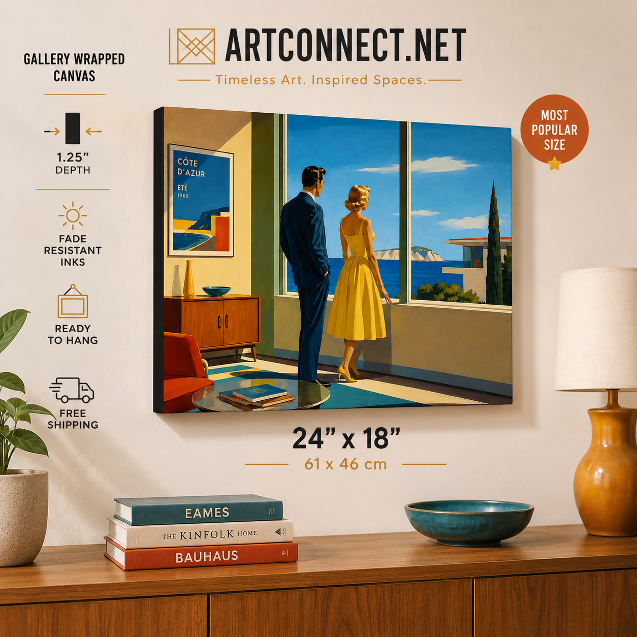 Gallery-wrapped canvas print of a retro couple overlooking the Côte d'Azur.  24" X 18"