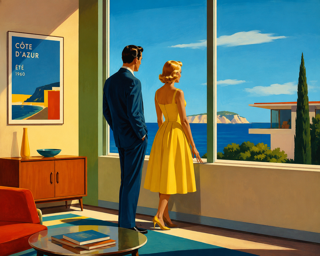 Gallery-wrapped canvas print of a retro couple overlooking the Côte d'Azur. 