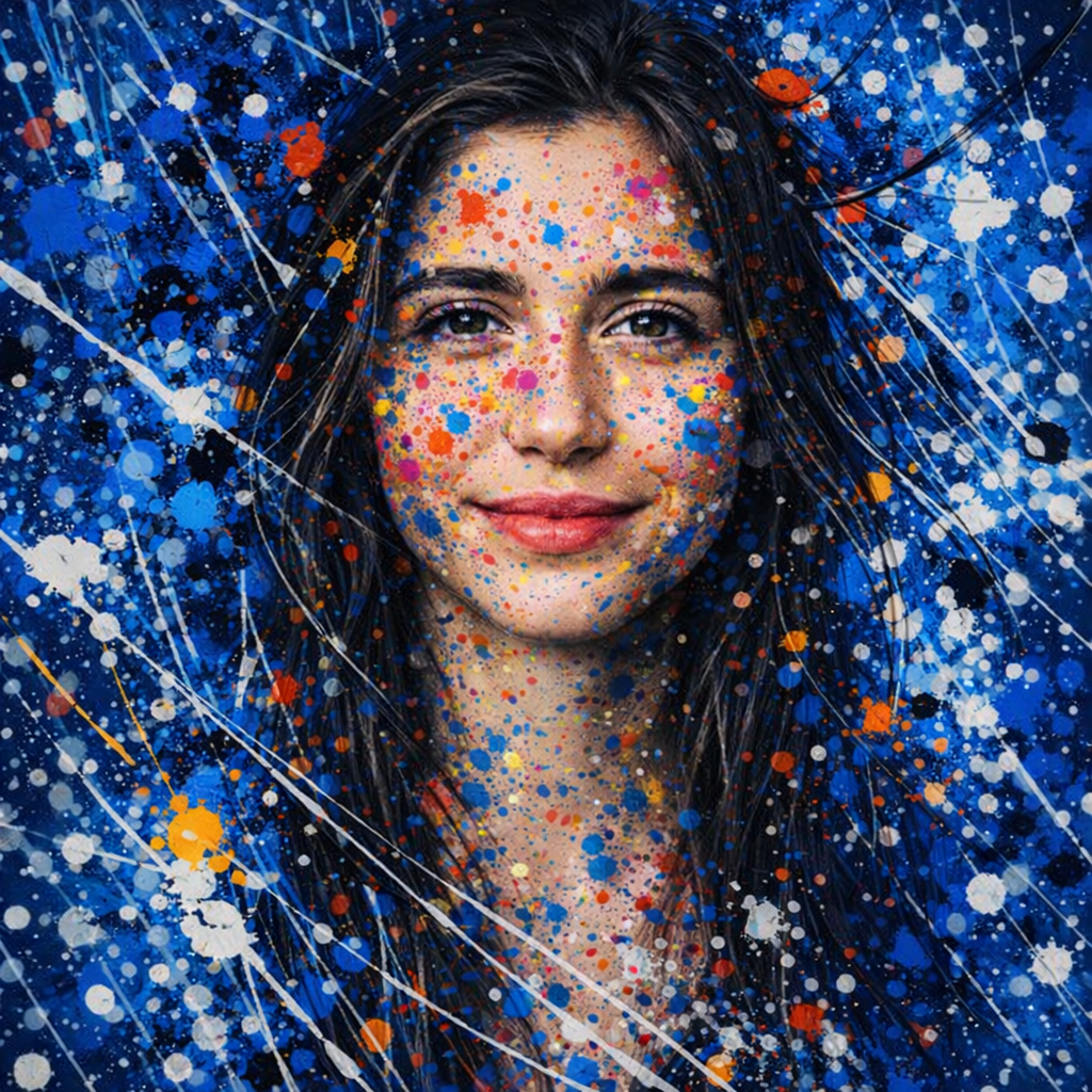 Custom abstract canvas portrait created from customer photo with colourful paint splash design.