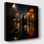 Canvas print of a romantic scene on a rainy street with a camera crew filming.