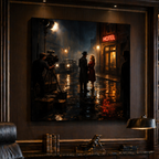 Movie set with actors on a rainy street scene in a theater setting.