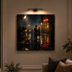Painting of a couple on a city street with a 'Hotel' sign, displayed on a wall in a room with a couch and plant.