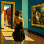 Woman in a black dress standing in an art gallery looking at a painting