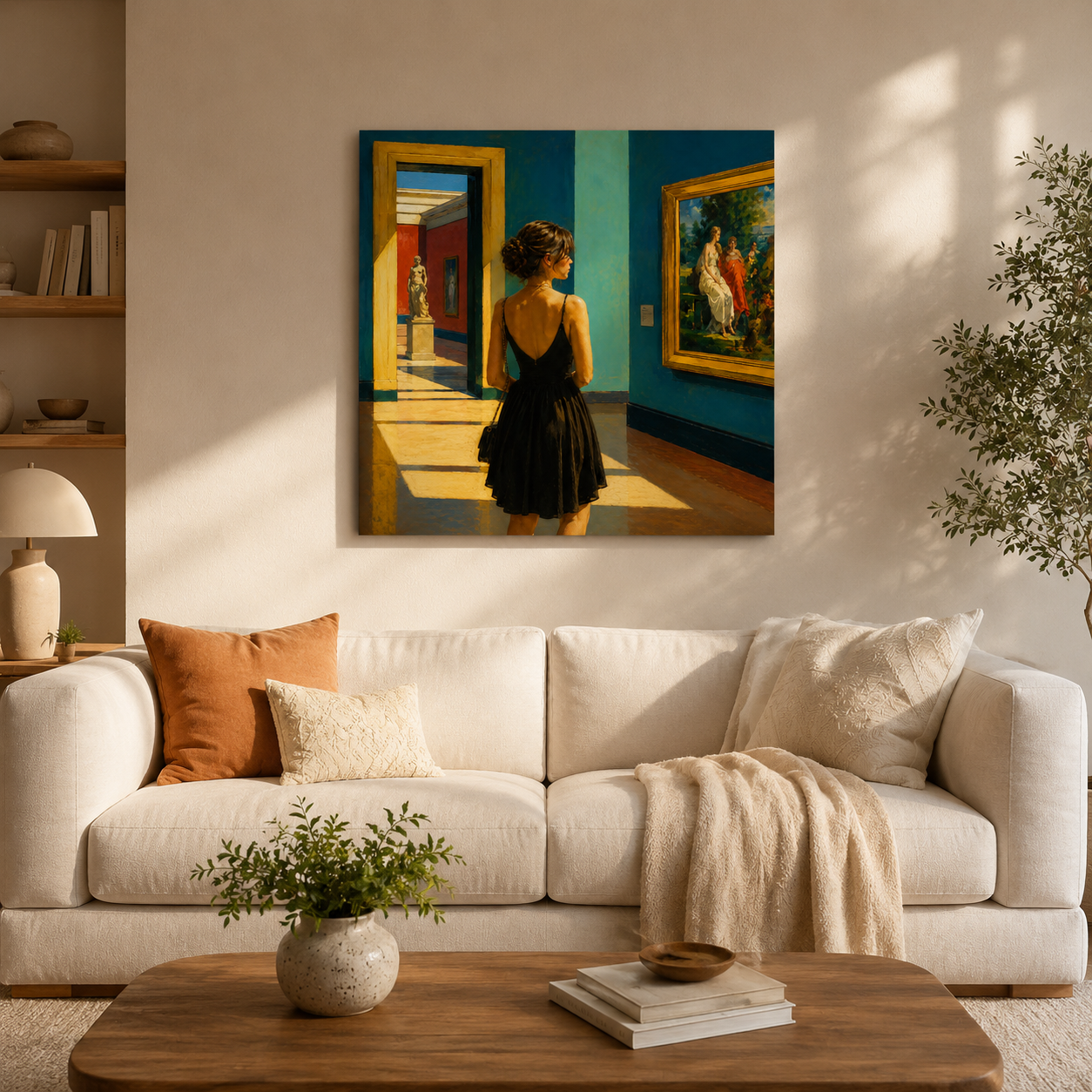 Living room with a white sofa, wooden coffee table, and a painting of a woman in a black dress on the wall.