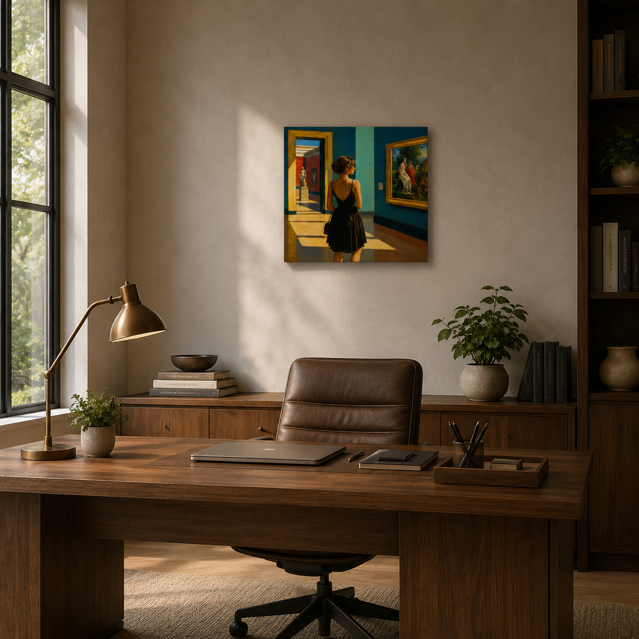 Home office with wooden desk, chair, lamp, and framed artwork on the wall.