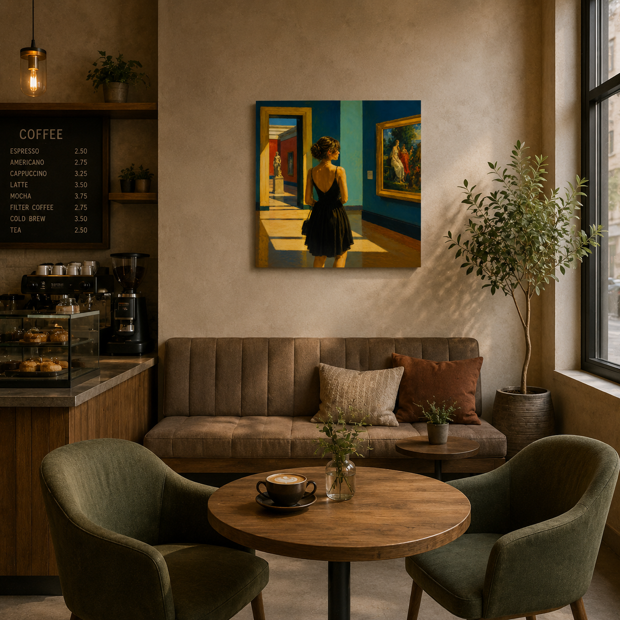 Cozy cafe interior with a brown sofa, green chairs, and a small round table with a coffee cup.