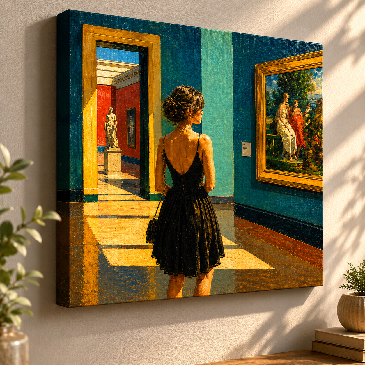 Woman in a black dress looking at a painting in an art gallery