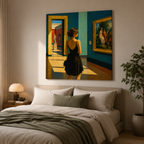 Bedroom with a large painting of a woman in a black dress looking at art on the wall.