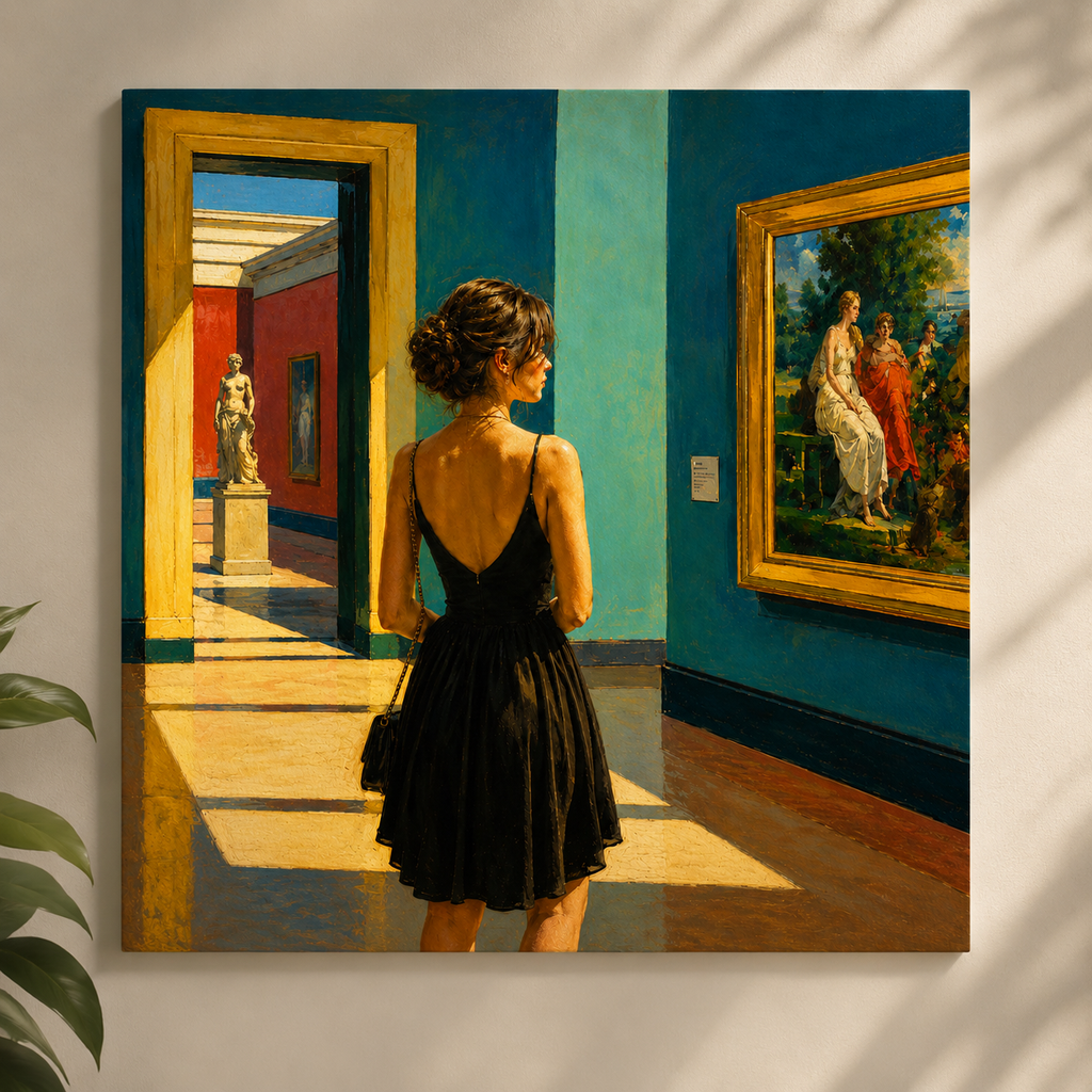 Woman in an elegant black dress looking at a painting in an art gallery