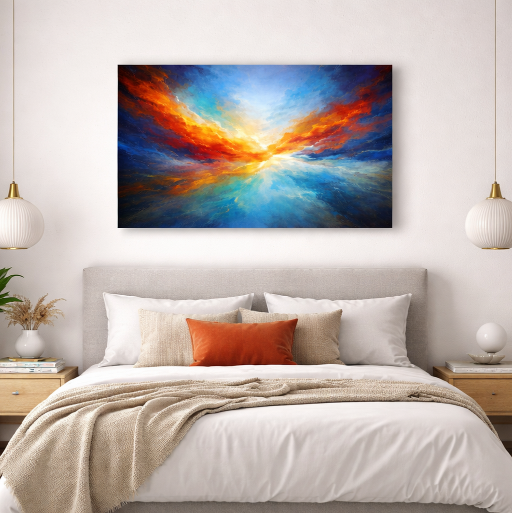 Colorful abstract painting above a bed in a bedroom setting