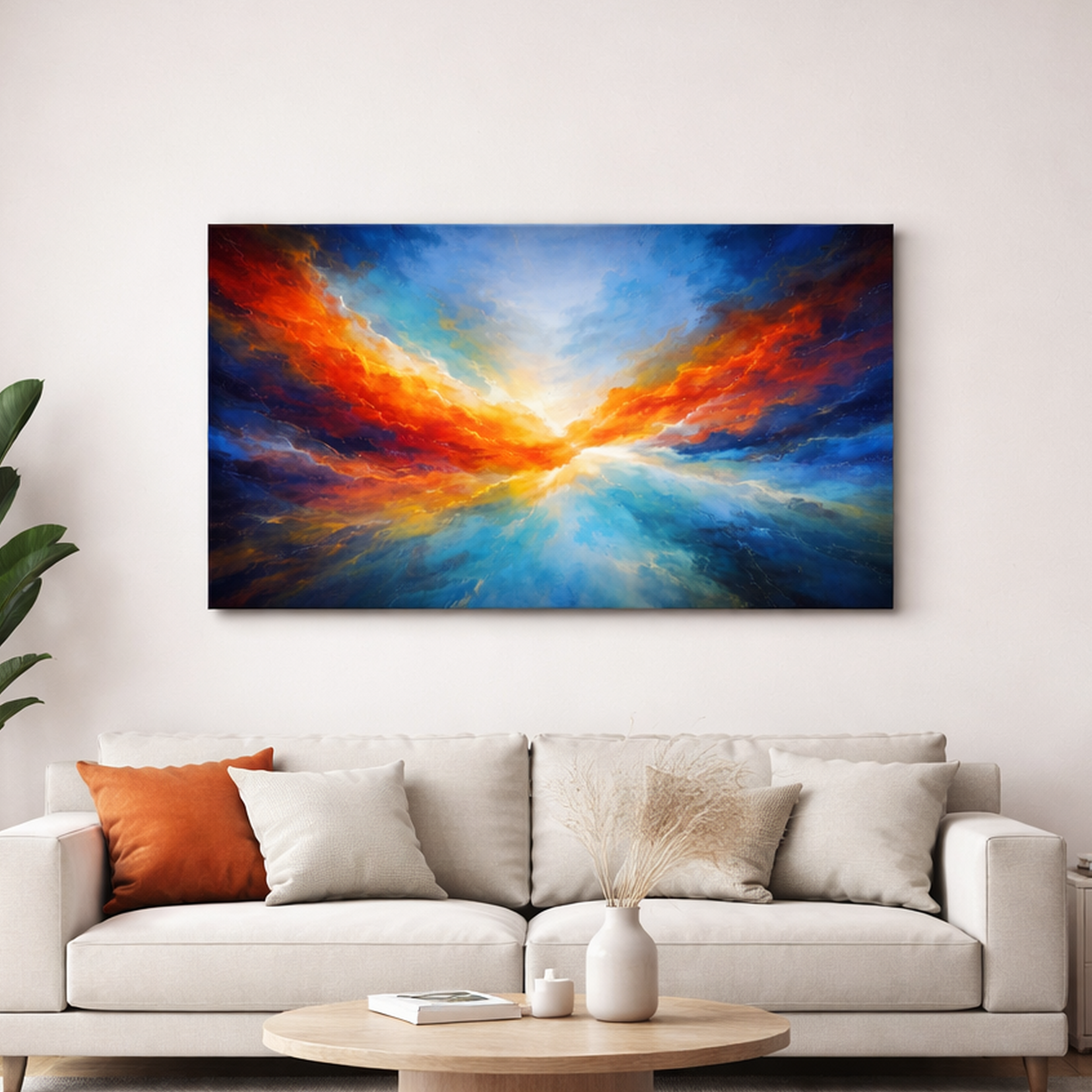 Colorful abstract painting on a wall above a beige sofa with decorative pillows.