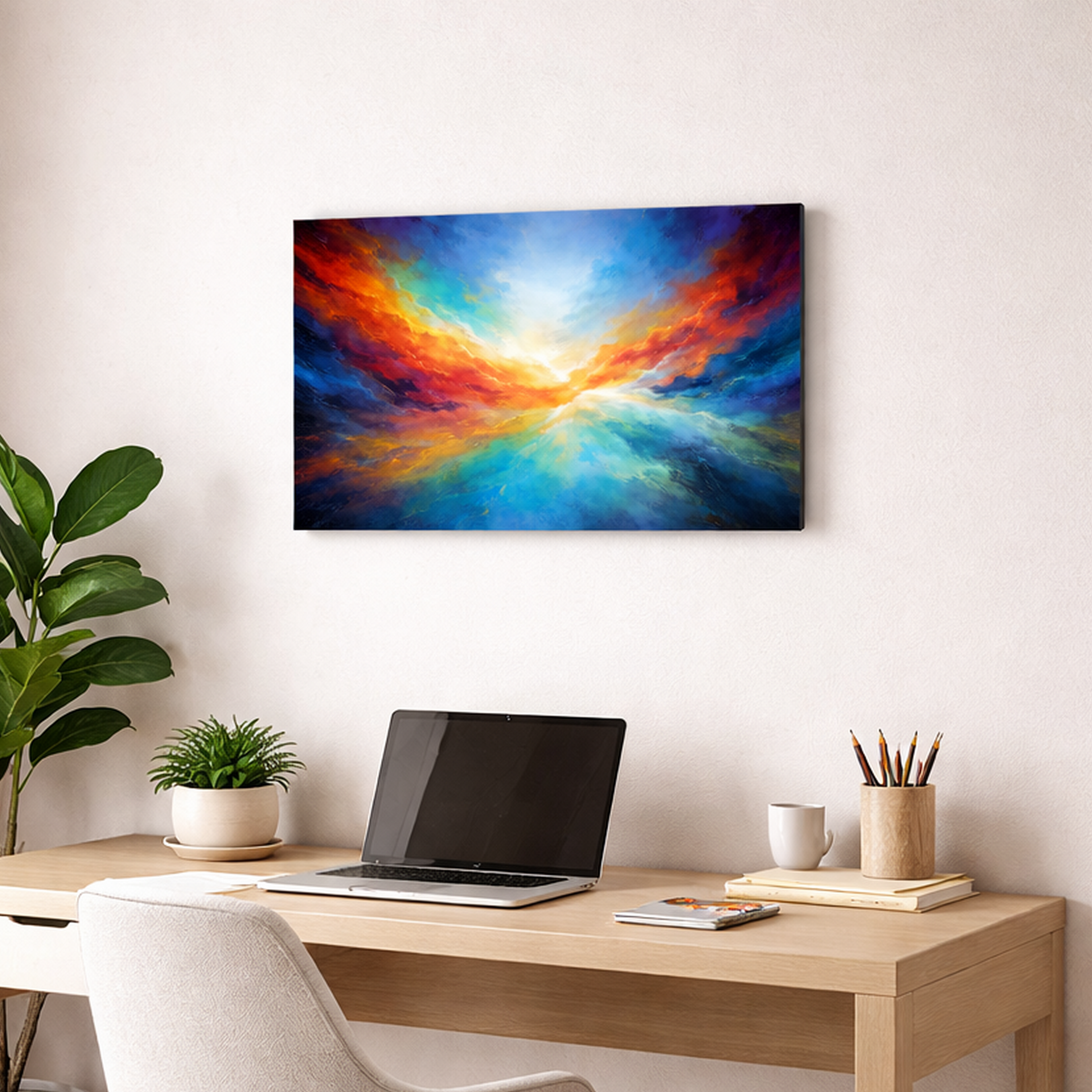 Abstract canvas print featuring vibrant red and orange clouds merging into blue sky with a glowing light centre, displayed as a modern box canvas.