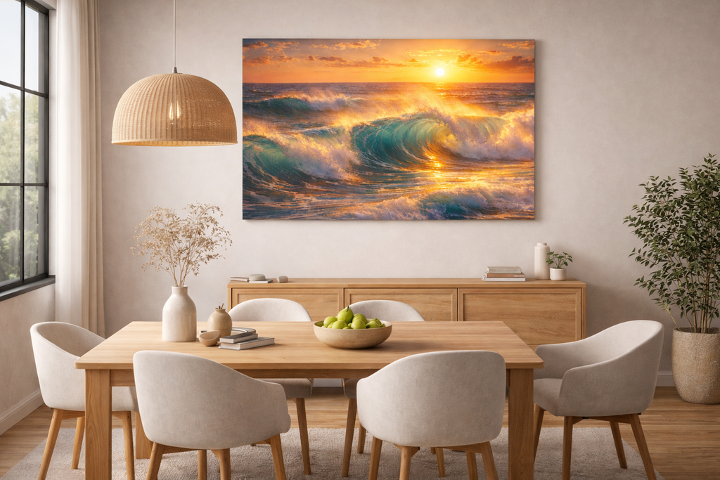 Sunset Ocean Wave Canvas | Sunlit Evening Flowing Sea Movement | Vibrant Ocean Seascape Artwork