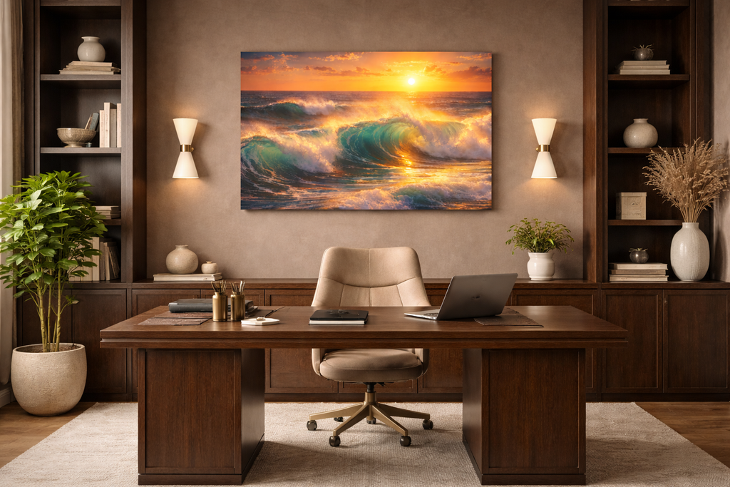 Sunset Ocean Wave Canvas | Sunlit Evening Flowing Sea Movement | Vibrant Ocean Seascape Artwork