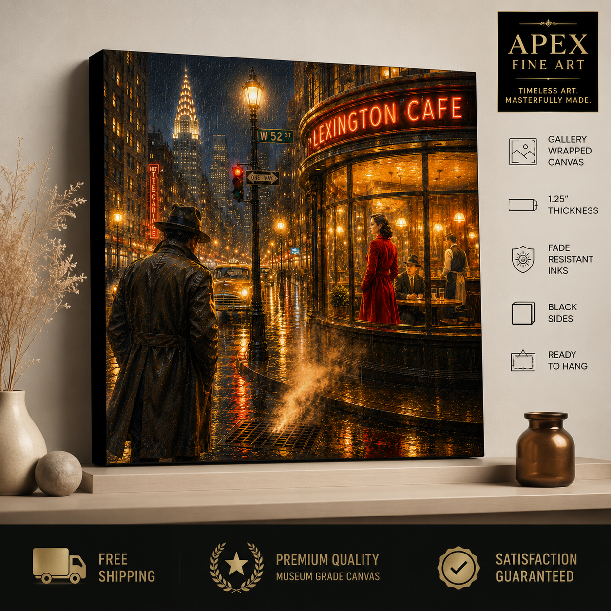 Canvas print of a city street scene with a cafe sign, framed by Apex Fine Art.