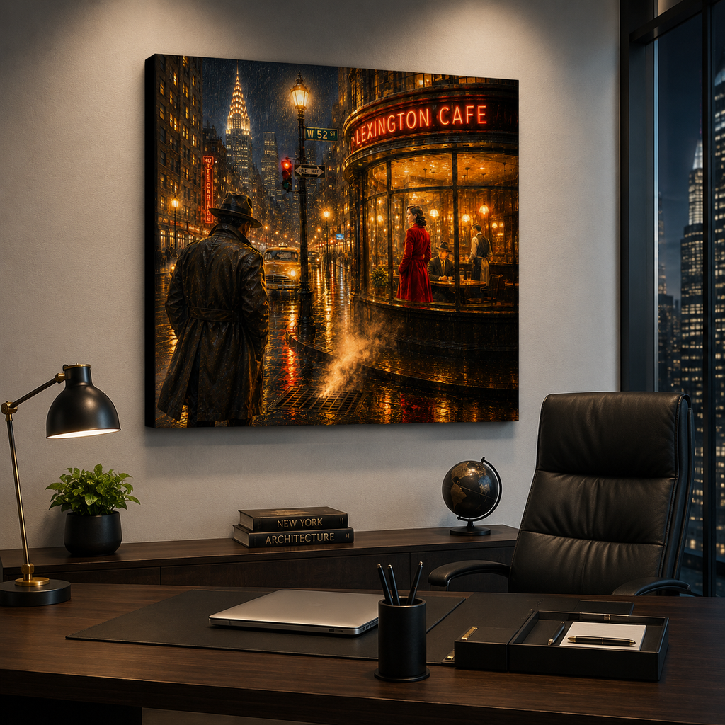 Modern office setup with a large painting of a city street scene on the wall.