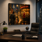 Modern office setup with a large painting of a city street scene on the wall.