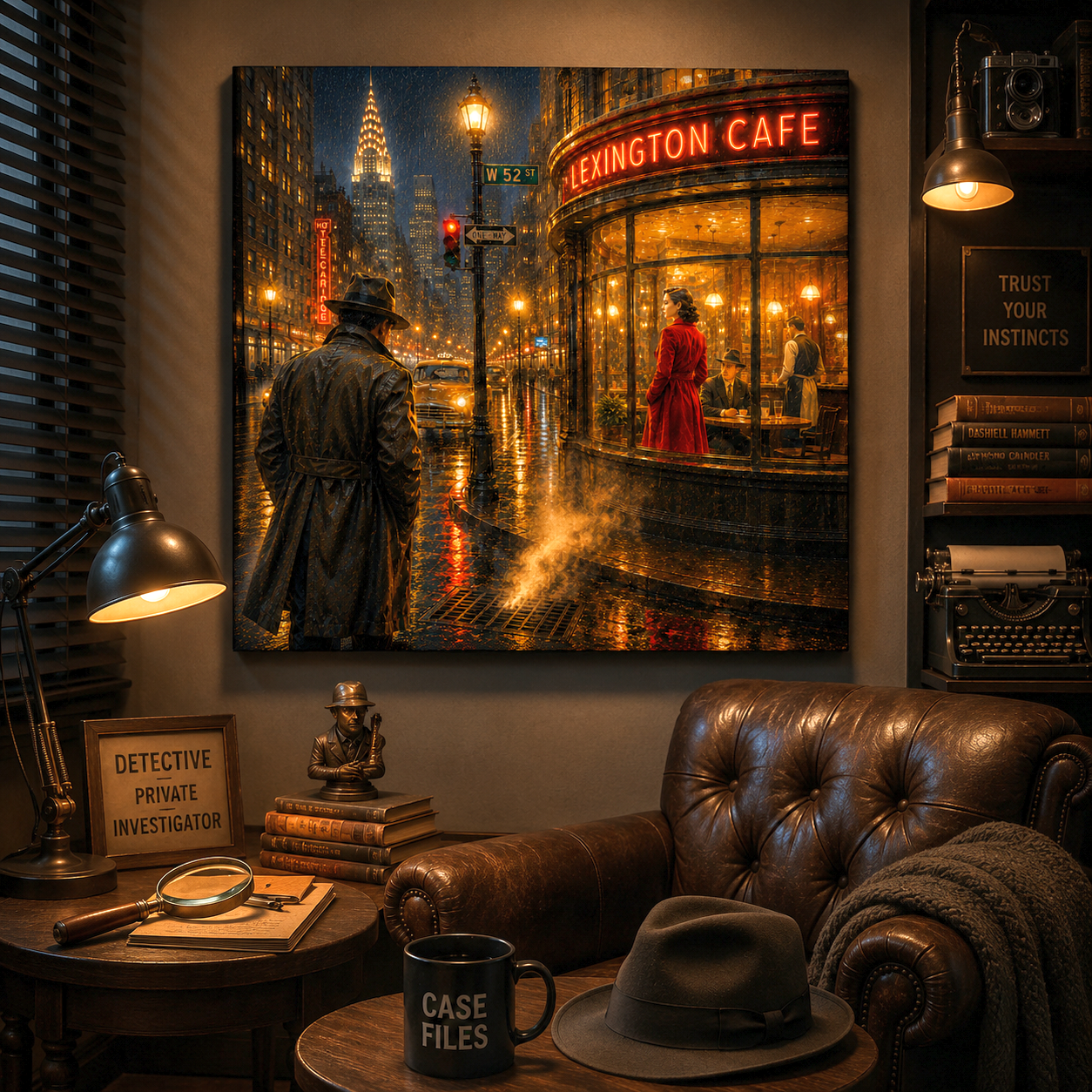 Room interior with a painting of a Film Noir city street scene, leather chair, and detective-themed decor.