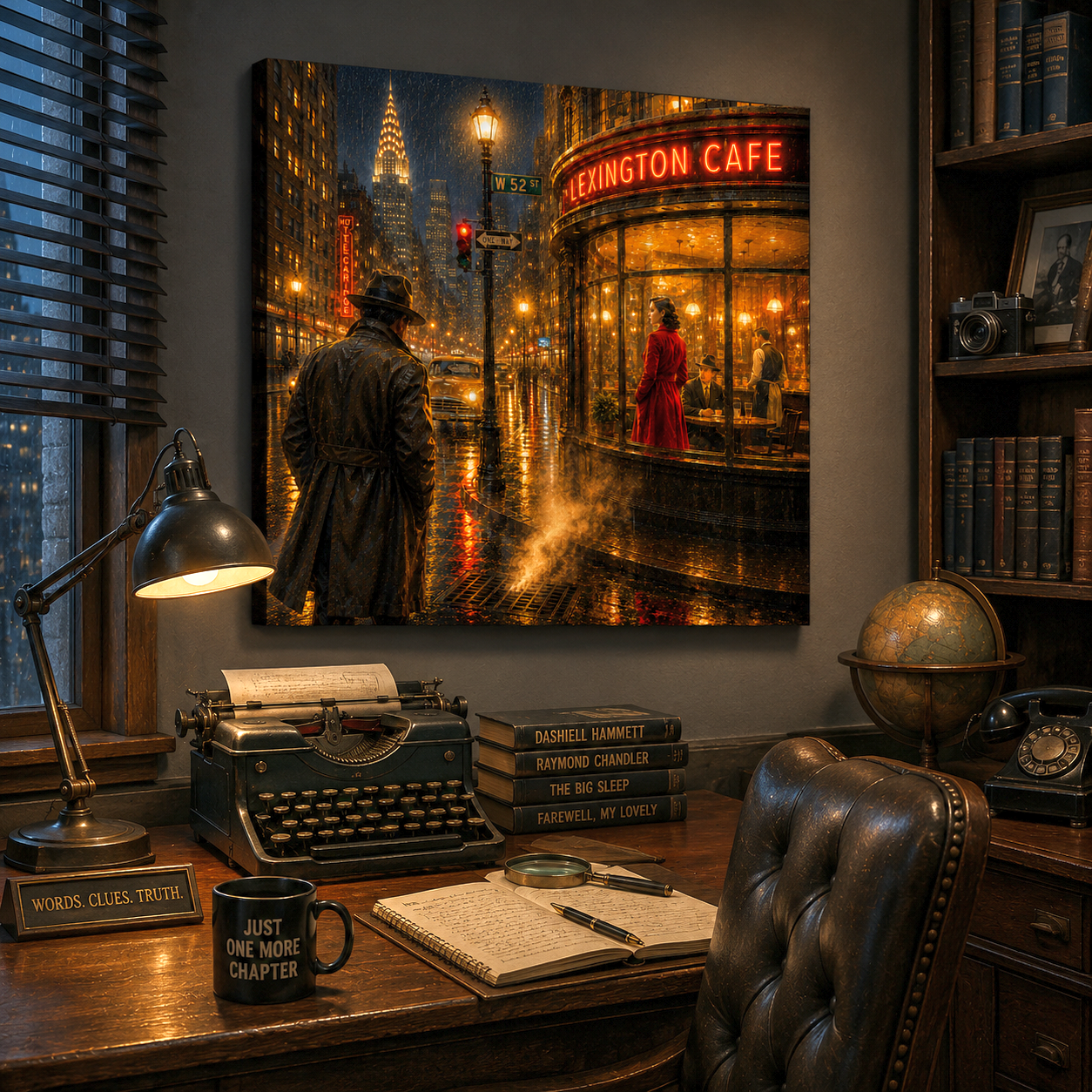 Vintage office setup with typewriter, books, and a painting of a city street scene.