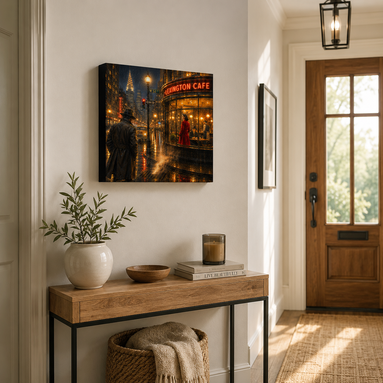Foyer with a wooden console table, decorative items, and a painting of a film noir city street scene.