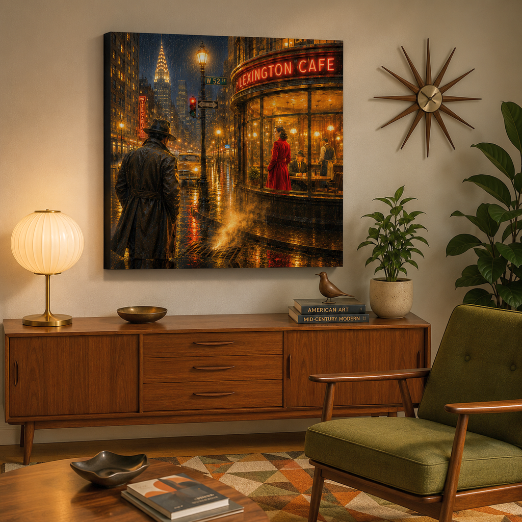 Living room with a painting of a city street scene, wooden sideboard, and green armchair.