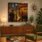 Living room with a painting of a city street scene, wooden sideboard, and green armchair.